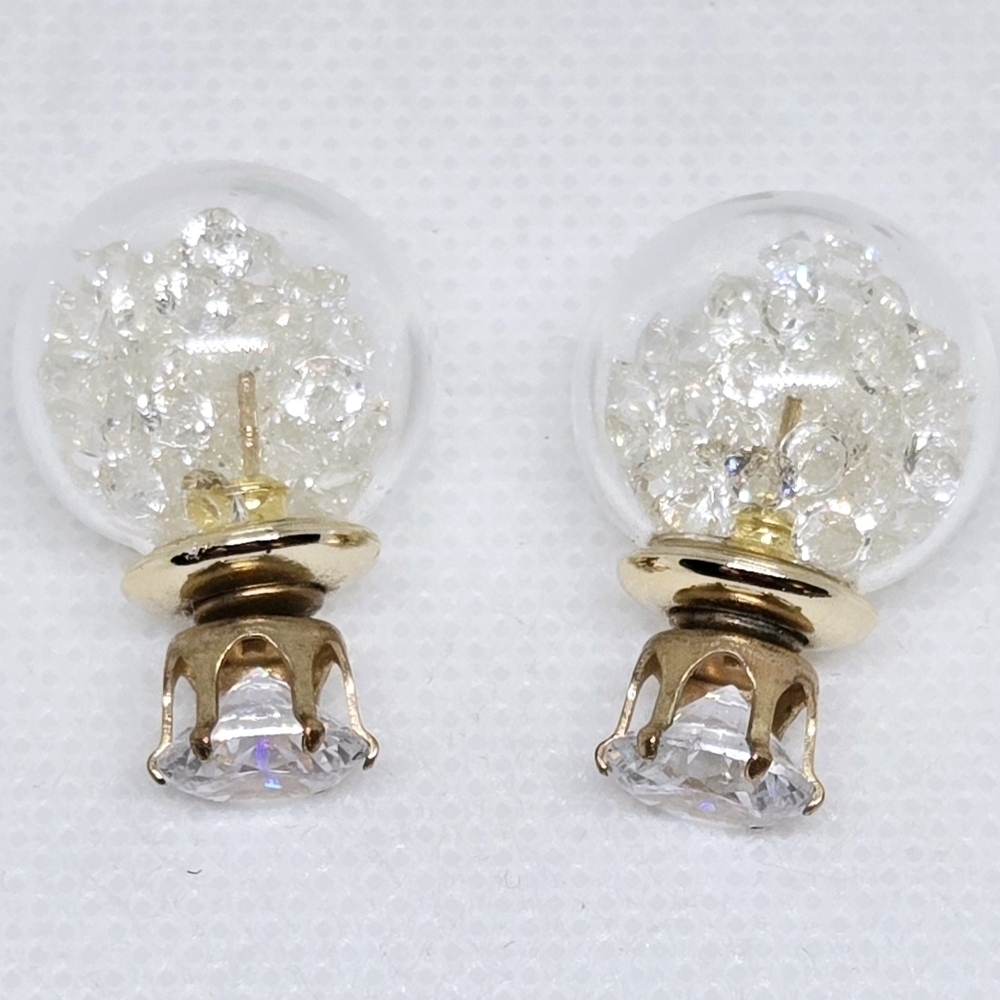 Gold Tone Glass Globe Light Bulb Stud Earrings Rhinestone Novelty